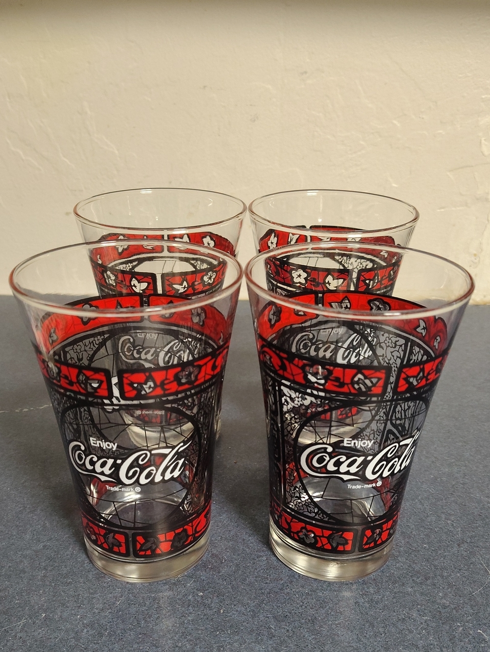 Coca-Cola Vintage Stained Glass Style Tumbler Red & Black Set of 4